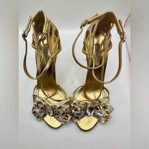 Dolce & Gabbana Gold Leather Sandals w/ Crystal Embellished Bow (Authentic)